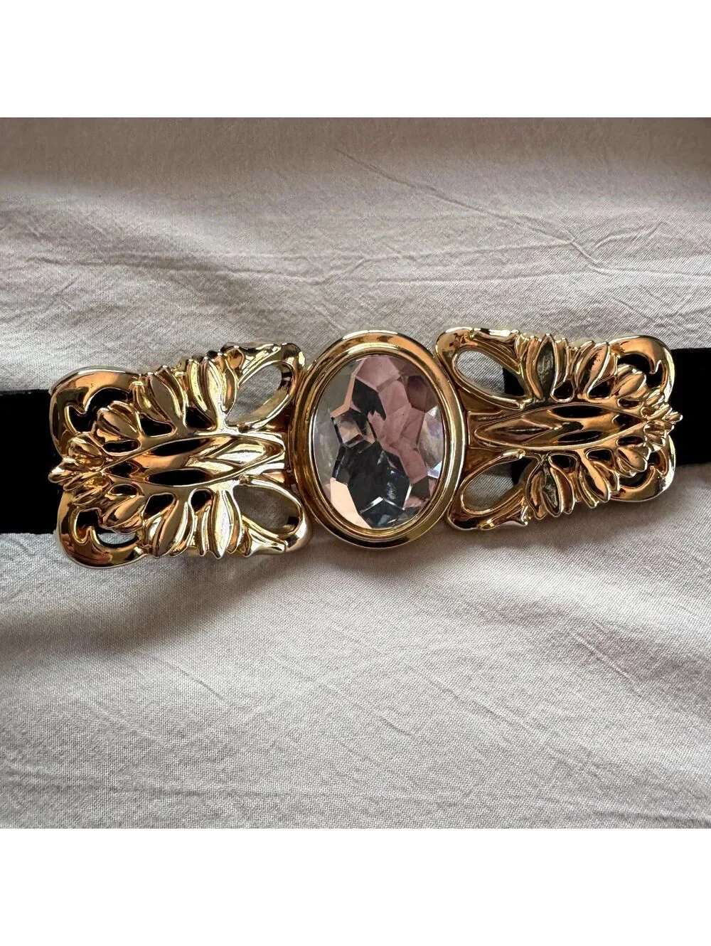 Vintage Black Suede Belt Gold Filigree Butterfly Crystal Buckle Maximalist Boho
